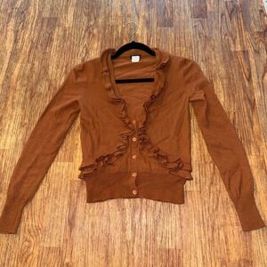 J.Crew Merino Wool Ruffle Cardigan Women's S Brown Button Front Sweater